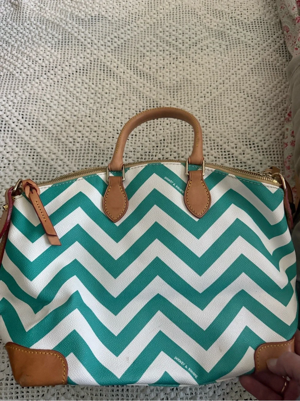 Dooney & Bourke Teal and White Chevron Tote with Tan Leather Trim